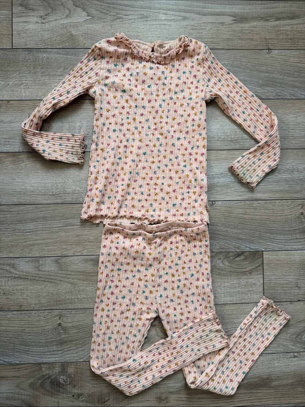 Konges Slojd bloomie blush floral Ribbed pant and top Set with Ruffle Trim 5/6
